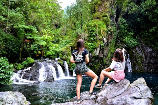 两名女子正欣赏着被郁郁葱葱的绿植环绕的瀑布壮丽景色
