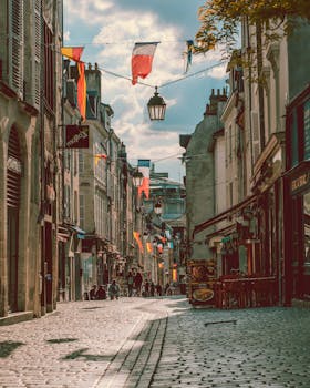 A picturesque view of a cobblestone street in Orléans, France, lined with old buildings and colorful flags.