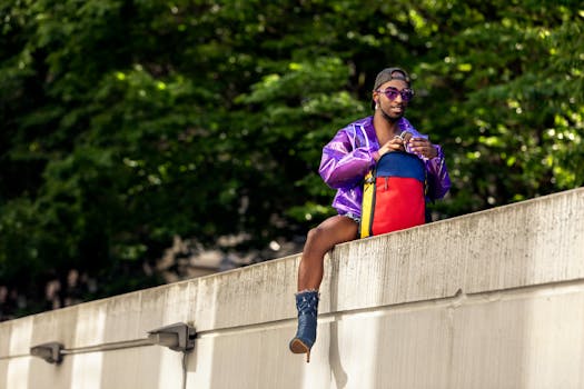 A stylish young man in colorful attire sits on a concrete wall in the city, embracing a vibrant urban lifestyle.