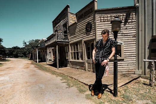 在德克萨斯州温伯利的乡村街道上，一名身着西式服装的男子站在那里