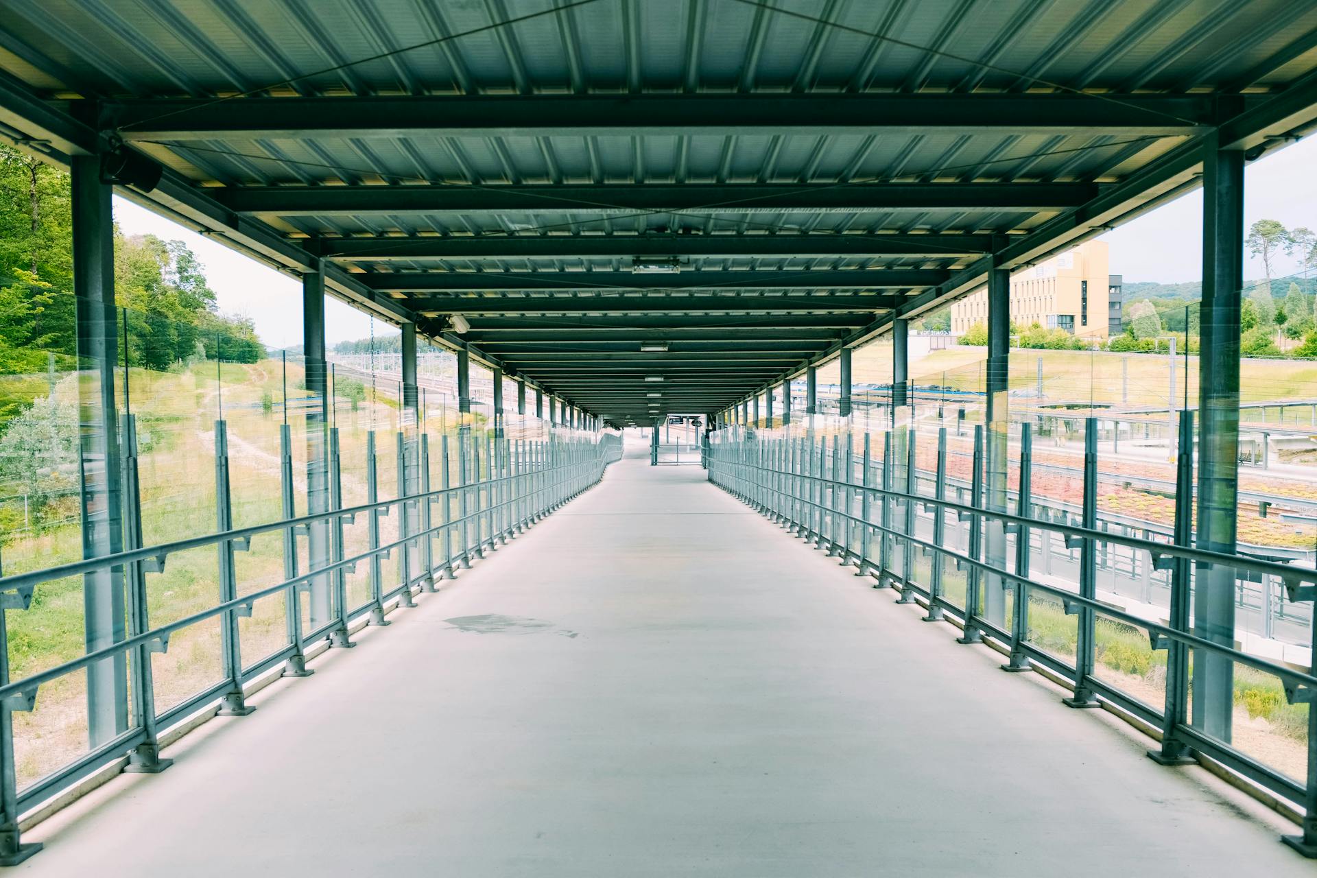 Wide shot of a modern metal roof walkway surrounded by greenery, leading into the distance.