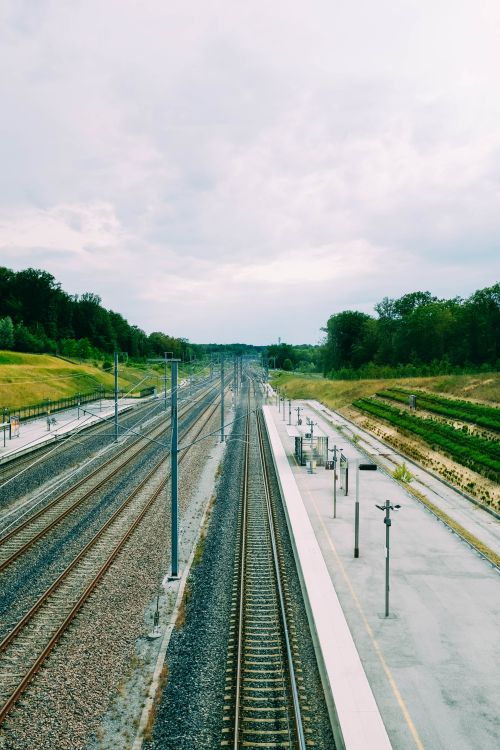 Free Aerial view of empty train station tracks surrounded by greenery under a cloudy sky. Stock Photo