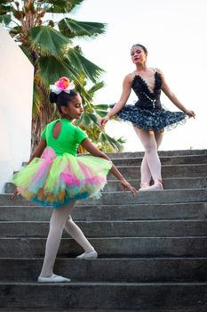 Two ballerinas in colorful tutus pose gracefully on outdoor steps with palm trees in the background.