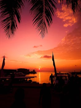 在马尔代夫，体验令人惊叹的日落，天空充满活力，映衬出它的轮廓