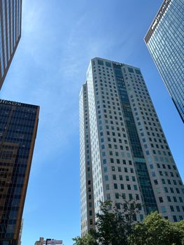 Modern office skyscrapers under a clear blue sky in Birmingham, Alabama. Urban architectural view.