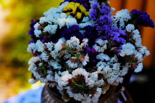 A colorful arrangement of dried statice flowers in a decorative vase outdoors.
