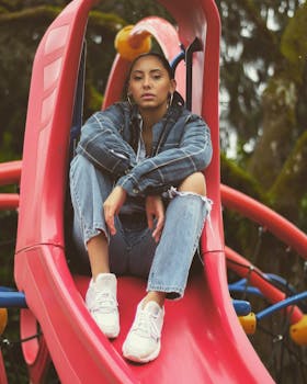 一位时尚女士穿着休闲牛仔装，在户外操场的滑梯上摆姿势