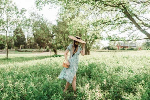 Elegant woman in a dress and sun hat walking through a lush green field on a sunny day.