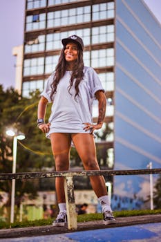 一位自信的女性在城市中摆出姿势，展现风格与态度