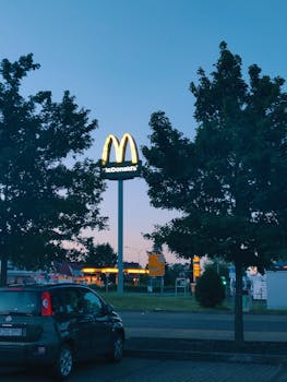 Fast food chain McDonald's signage glowing at twilight in Mühlheim am Main, Germany.
