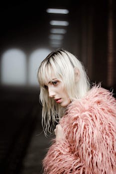 一位时尚女性身着粉色毛皮大衣，在变幻的灯光下摆出姿势，凸显出时尚与质感