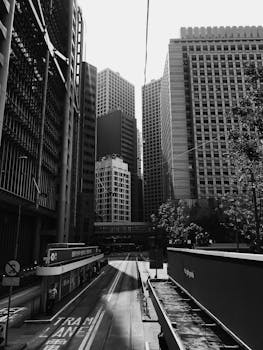 晴天里，城市街道两旁高耸的摩天大楼呈现出一片单色视图