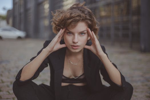 A fashionable woman posing in a modern urban street setting.