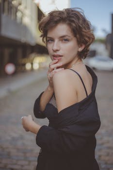 时尚女性自信地在城市环境中摆出姿势，展现现代风尚