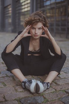 一名年轻女子身穿黑色服装，在鹅卵石街道上若有所思地摆着姿势