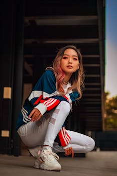 一位时尚女士身着色彩缤纷的休闲装，在户外摆出动感姿势，散发着自信