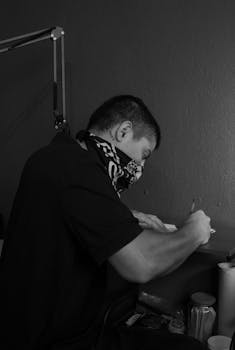 A young adult man intensely drawing in a studio, showcasing artistic concentration.