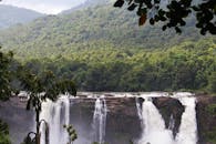 郁郁葱葱的热带雨林中，一道令人惊叹的瀑布倾泻而下，展现了自然的美丽与宁静
