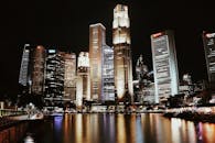 新加坡的现代建筑倒映在水中，照亮了天际线