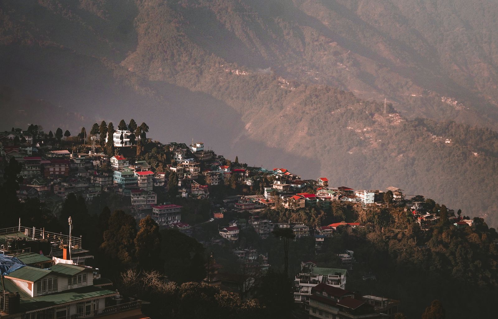 Low January sun on Darjeeling's houses strung along the ridge, the hills beyond lost in haze