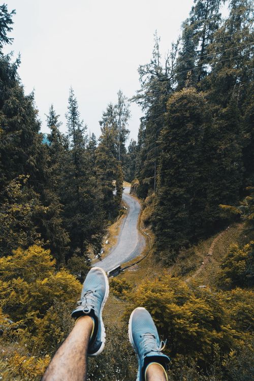 Free Aerial view of a winding road through a lush forest, captured from a unique perspective with shoes in the foreground. Stock Photo