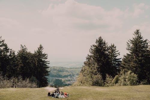 A group of people sitting on a grassy hill