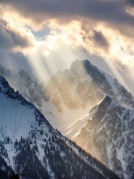 A stunning view of sunlight piercing through clouds, illuminating snowy mountain peaks.