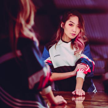 一位年轻女子在室内照镜子的肖像，风格充满活力