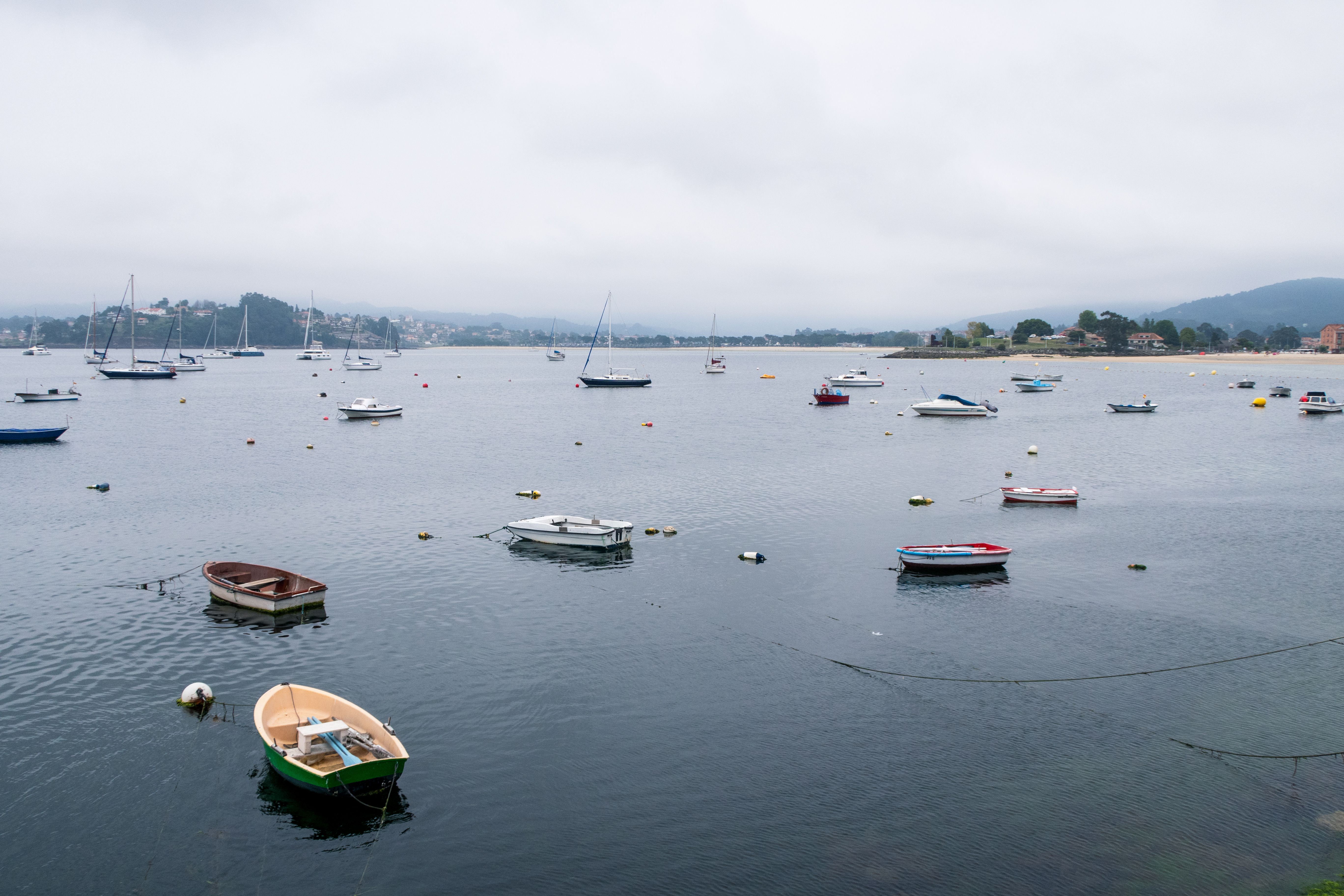 Serene view of a harbor with various boats moored under an overcast sky.