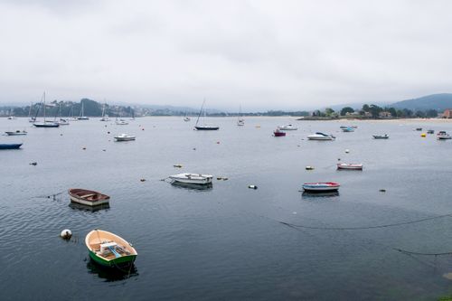 Free Serene view of a harbor with various boats moored under an overcast sky. Stock Photo