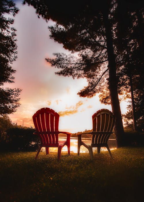 日落時對樹木的桌子上的椅子