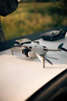 Small white drone and remote controller on a white surface outdoors.