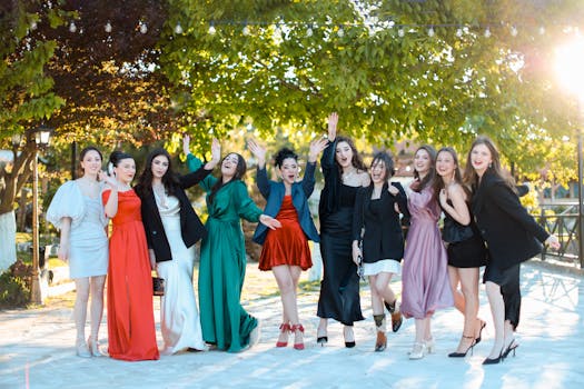 Group of well-dressed young women enjoying a celebration outdoors, exuding joy and friendship.