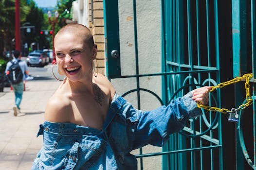 一位短发、穿着牛仔夹克的快乐女人，正在户外享受阳光明媚的一天