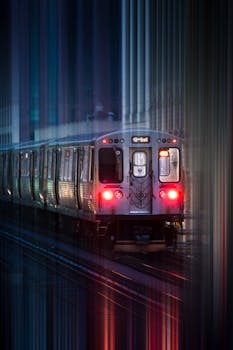 Eye-catching long exposure of train with vibrant city lights at night.