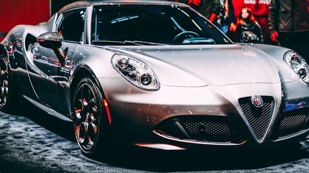 特写镜头下，一辆圆滑的金属银色跑车在室内展览中展示其豪华设计