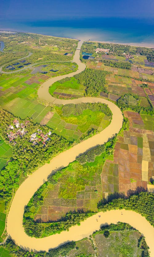 Aerial Photography River Near Farmland