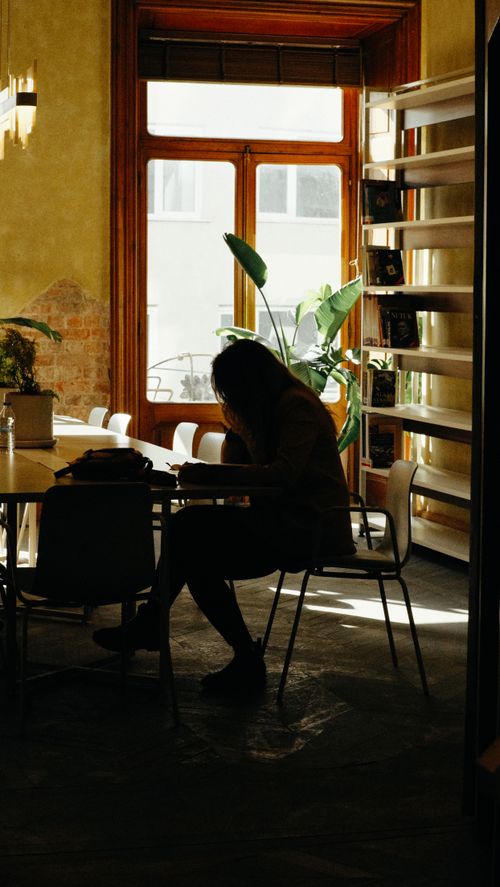 Free A woman reads in a cozy Istanbul cafe with natural light streaming in. Stock Photo