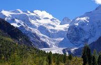 冬日阳光下，白雪皑皑的山脉与郁郁葱葱的森林山谷构成了一幅美丽的风景