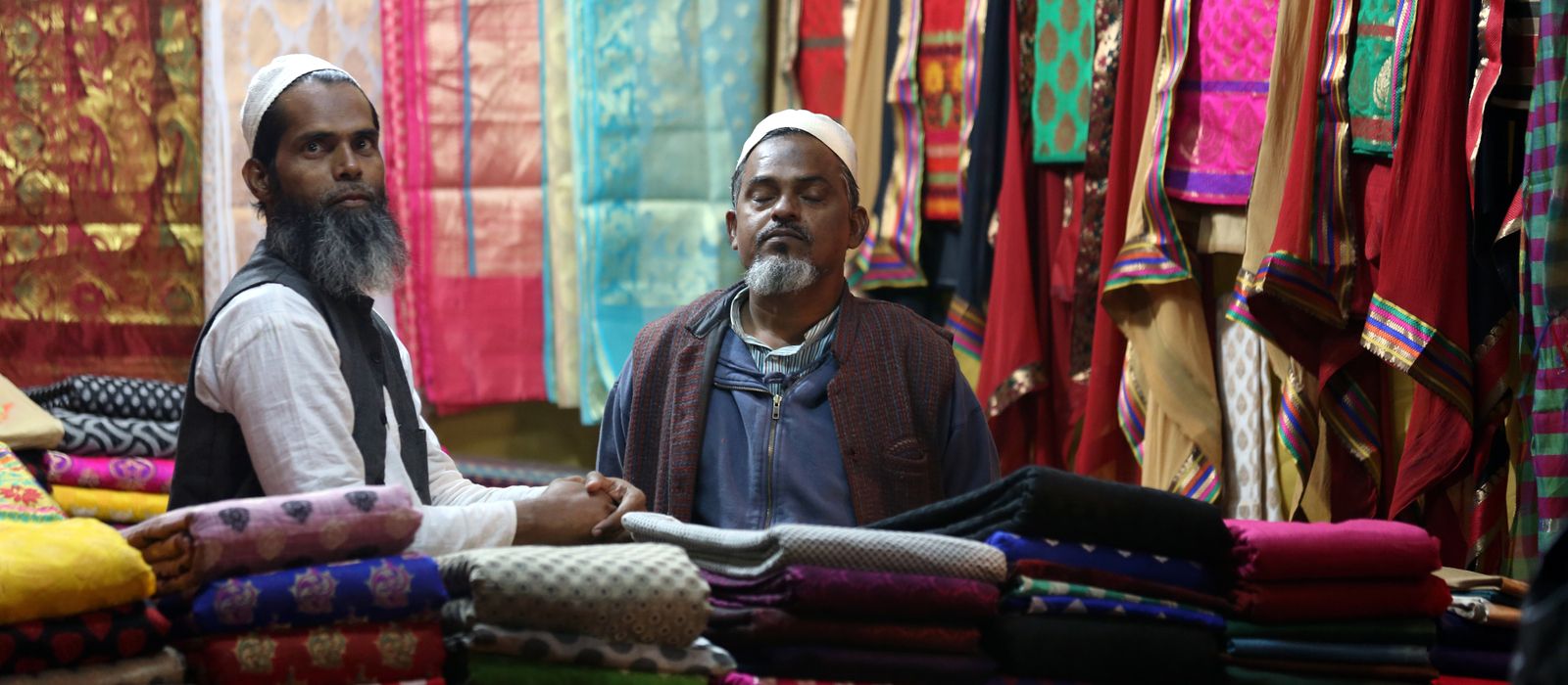 Textile shop with colorful fabrics