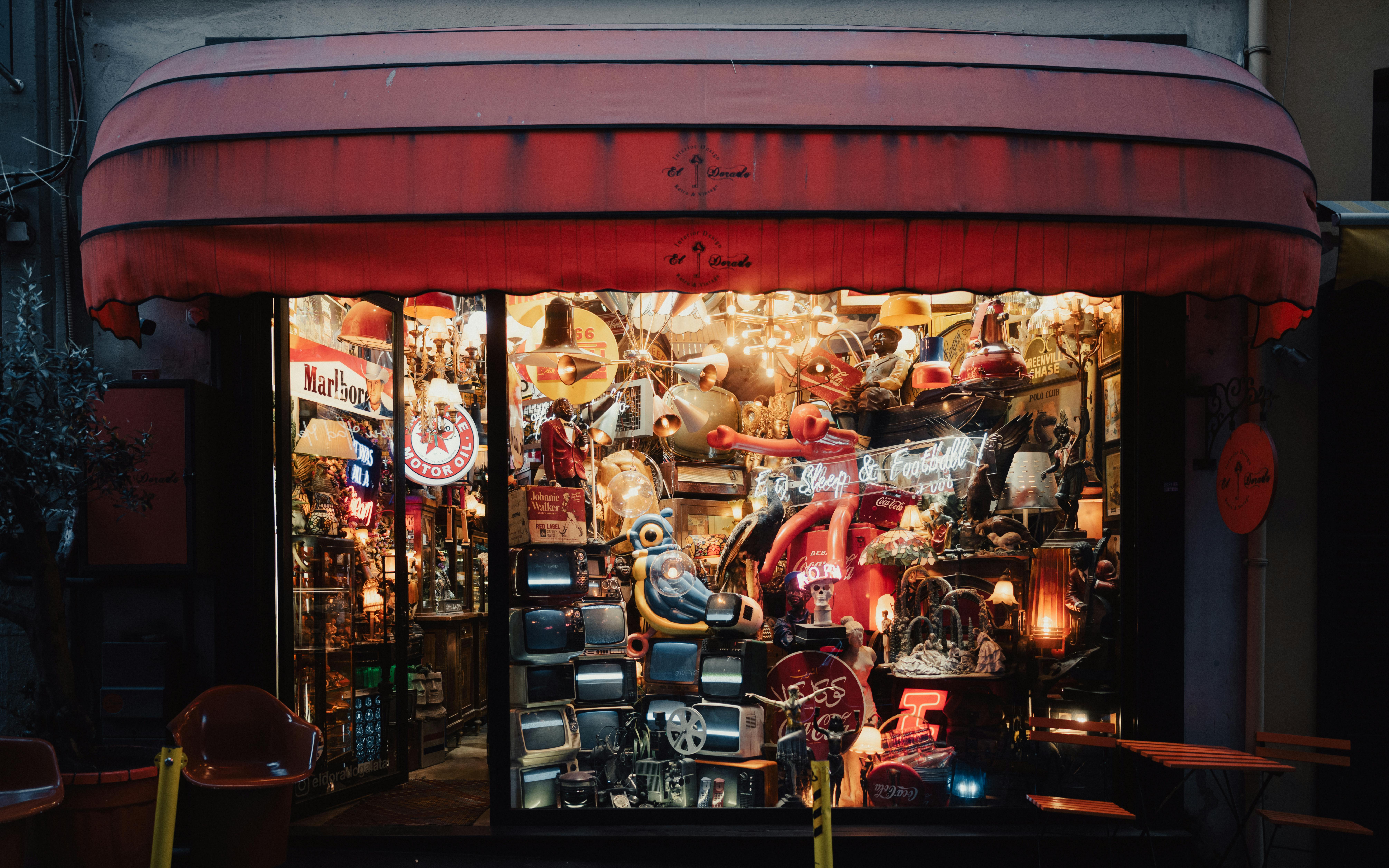 Vintage storefront with retro items.