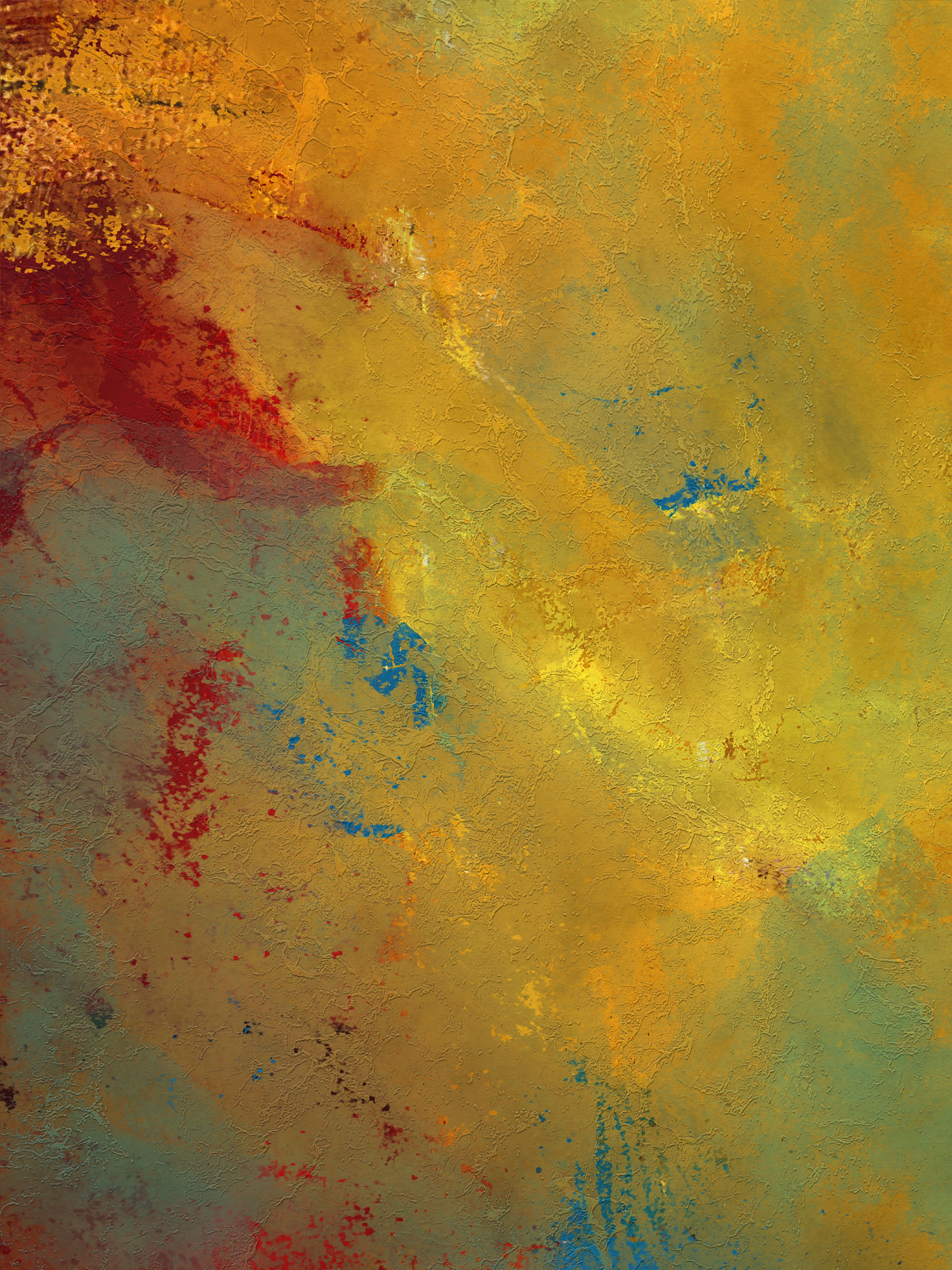 A vivid abstract painting featuring dynamic splashes of red, yellow, and blue.