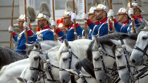 Free Spanish cavalry dressed in ceremonial uniforms during a parade in Madrid. Stock Photo