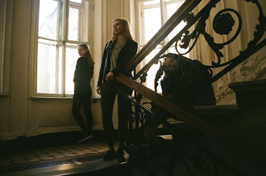 三位女士在华丽的室内楼梯上摆出姿势，营造出戏剧性且复古的氛围