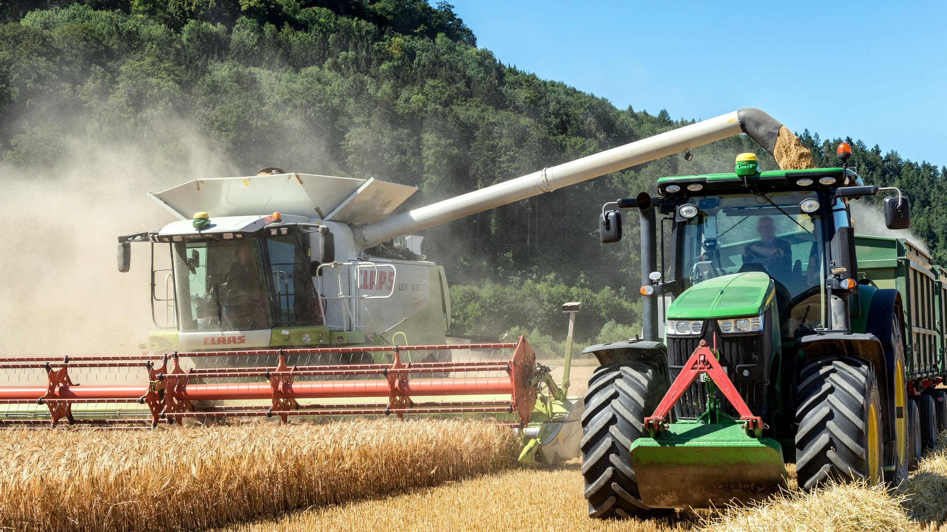 Combine Harvester and Tractor in Wheat Field