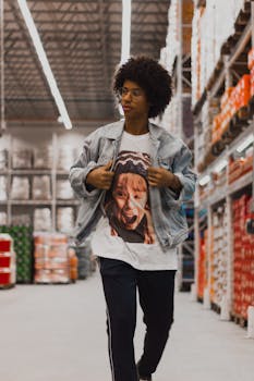 一个穿着随意的男人戴着太阳镜，自信地走在仓库里