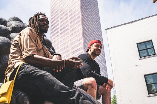 两名男子坐在城市建筑背景下的户外雕塑上