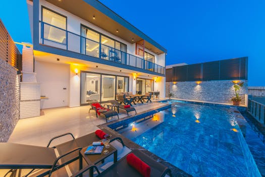A tranquil evening at a modern luxury villa with a stunning poolside ambiance, perfect for relaxation and vacation.