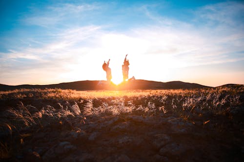 Two Women Jumping on Plant Field