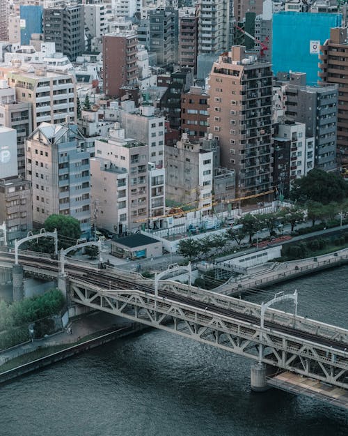 Free 黑白桥梁和城市建筑的高角度照片 Stock Photo